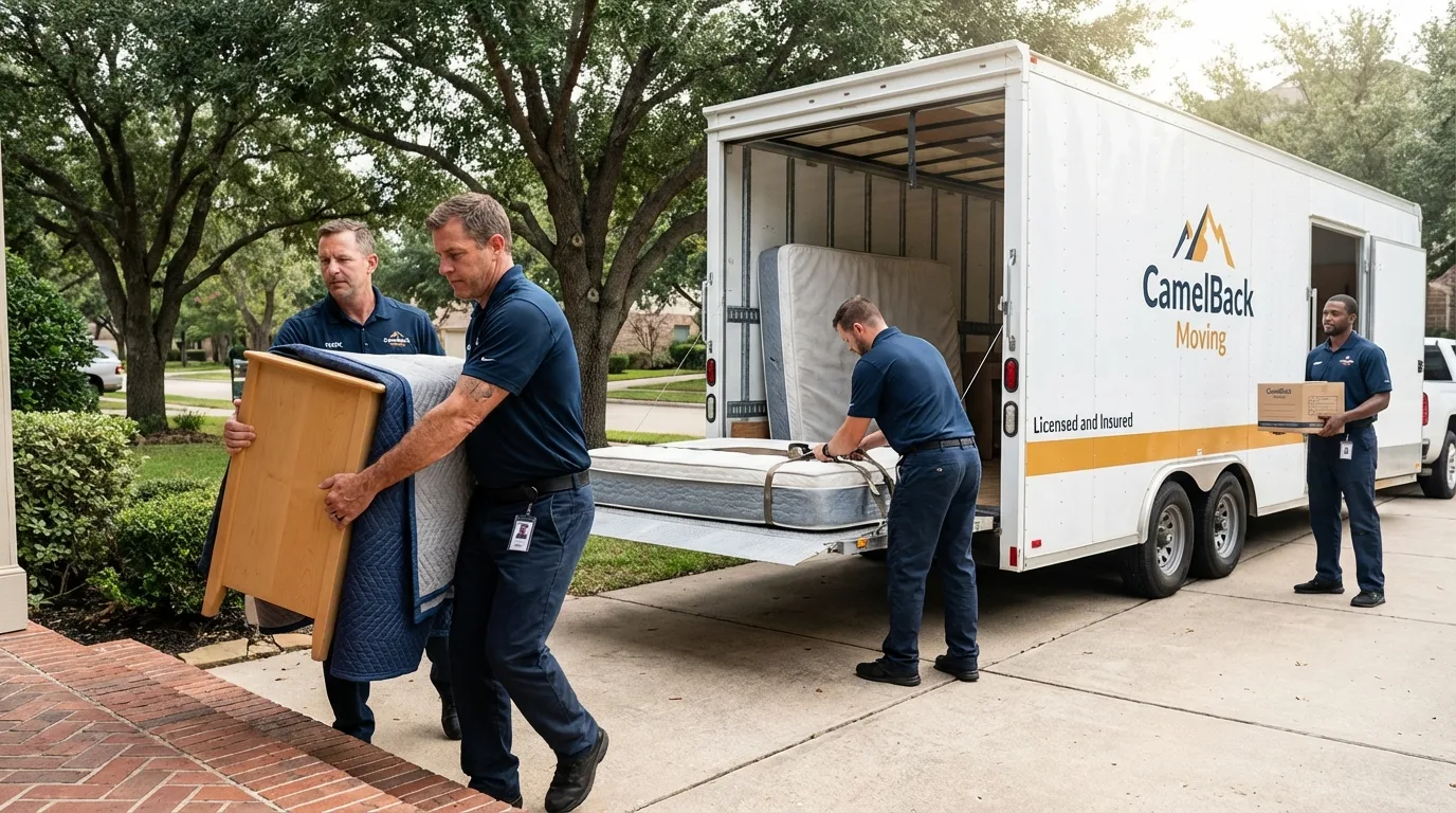 Crew loading residential truck for cross-state move from Portland, NY