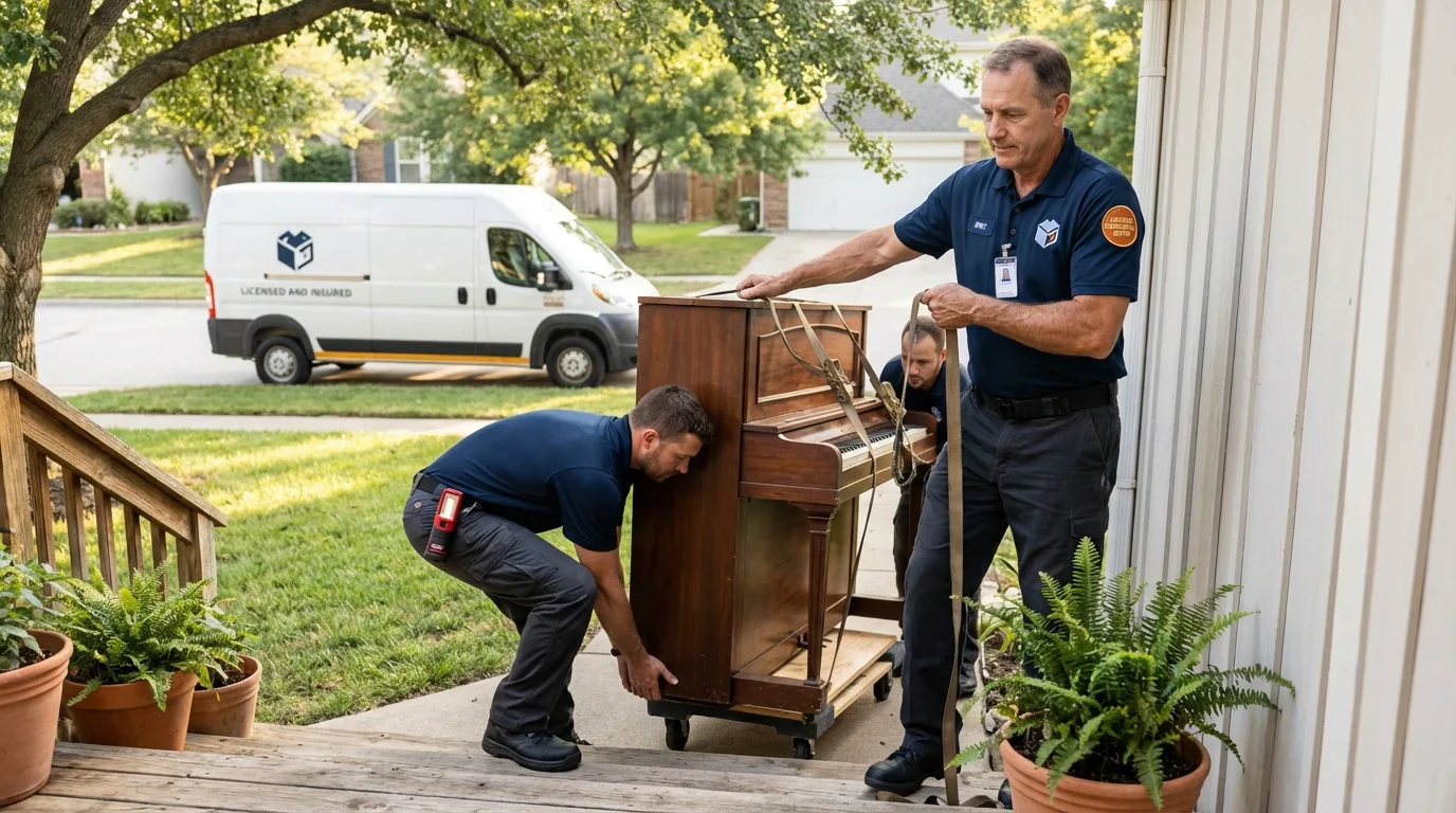 Licensed piano movers securing grand piano in Portland, NY
