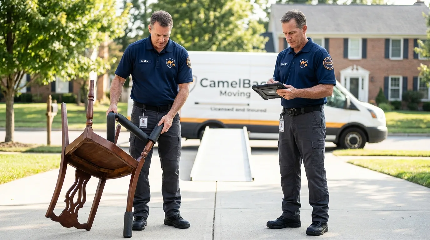 Movers inspecting furniture for damage prevention before loading in Portland, NY