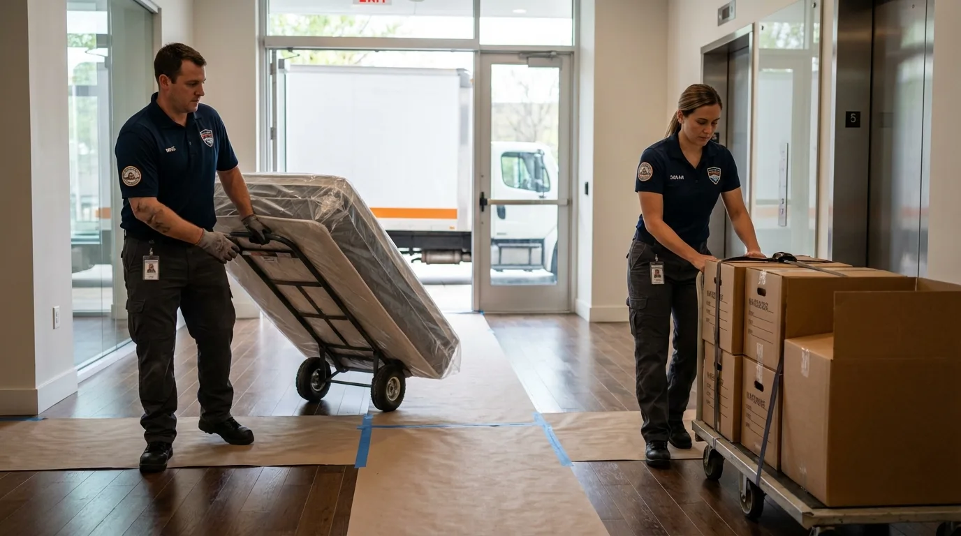 Professional apartment movers loading elevator in Portland, NY