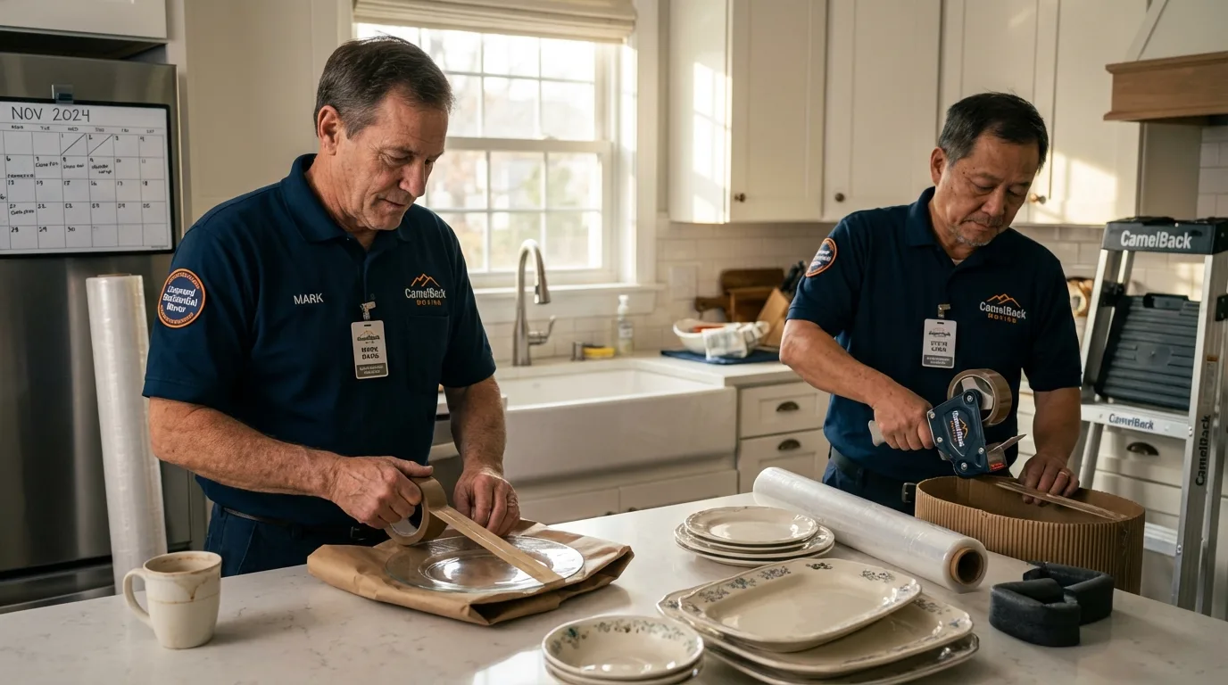 Professional crew packing kitchen dishware in Portland, NY
